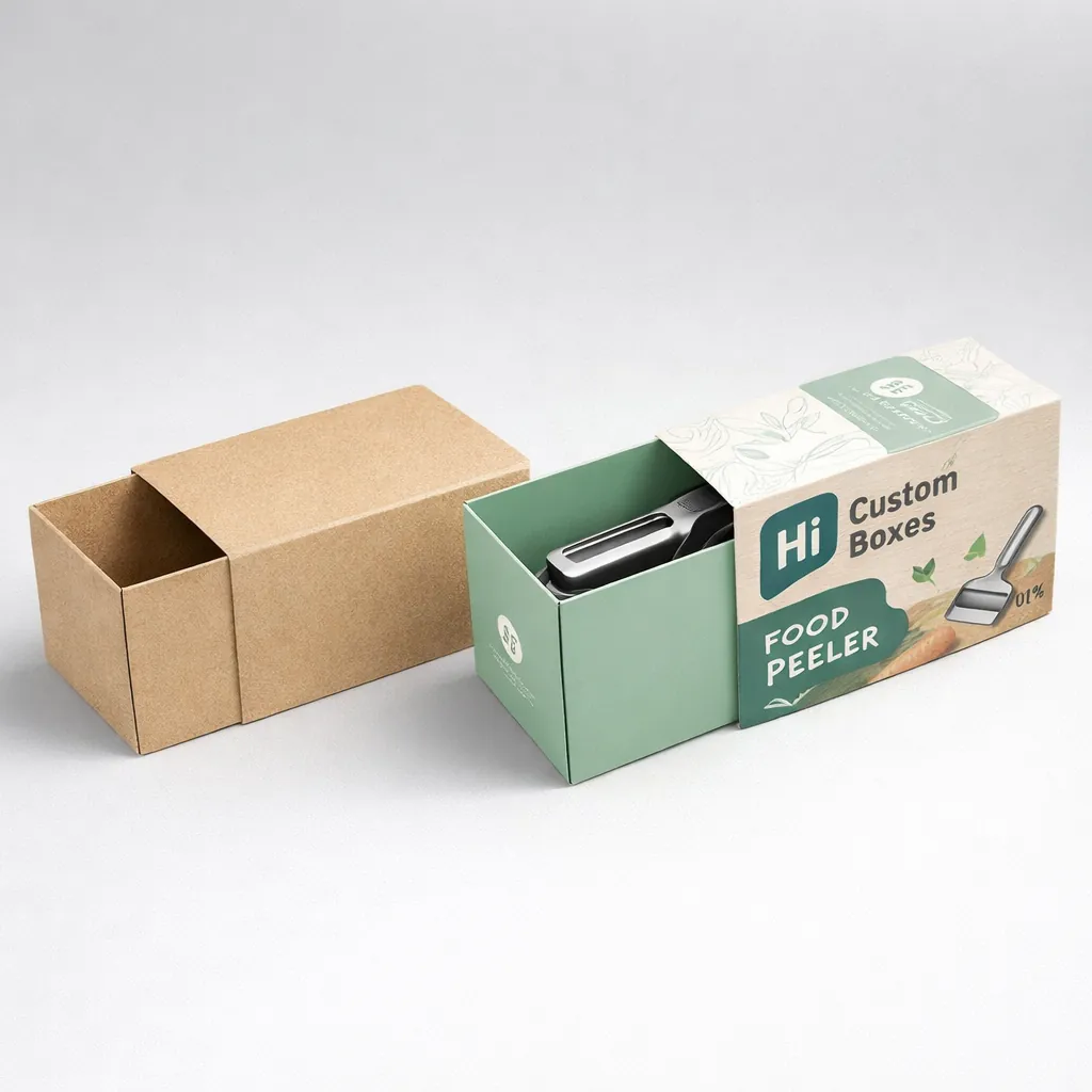 Sliding drawer boxes with a kraft outer sleeve and a mint green inner tray for peelers. class=